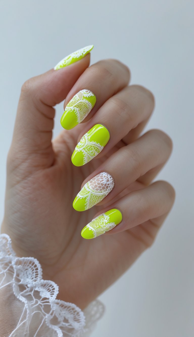 Close-up of neon yellow nails featuring a lace nail art idea with intricate white designs, worn on a hand in a sheer cuffed sleeve.