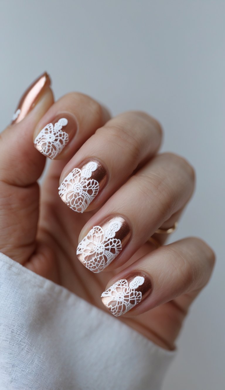 Close-up of short rose gold metallic nails decorated with elegant white lace patterns, showcasing a lace nail art idea that radiates elegance.
