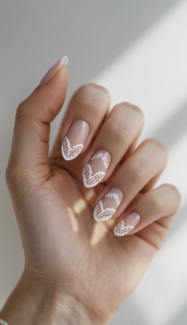Short nude nails featuring subtle V-shaped white lace tips and floral details, showcasing a clean and refined lace nail art idea.