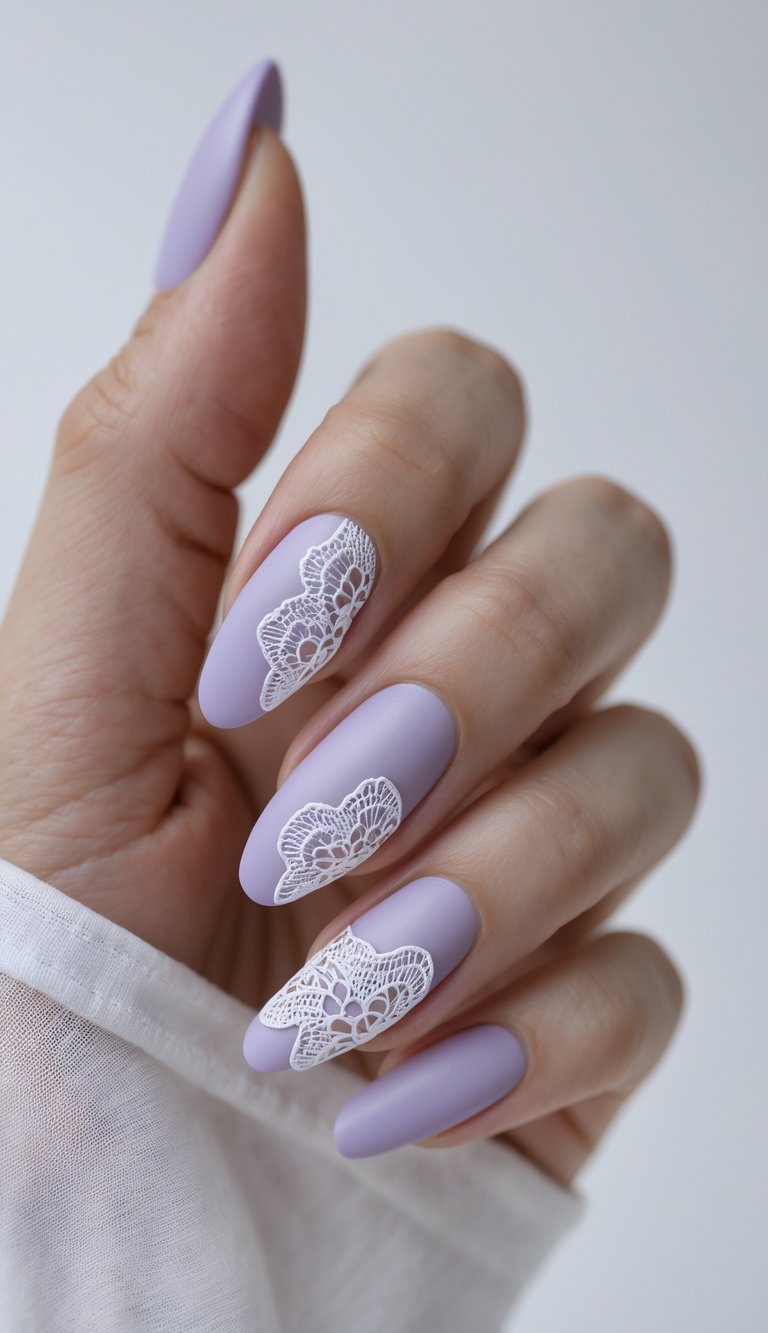 Matte lavender nails with delicate white lace patterns near the tips, capturing a soft and graceful lace nail art idea.