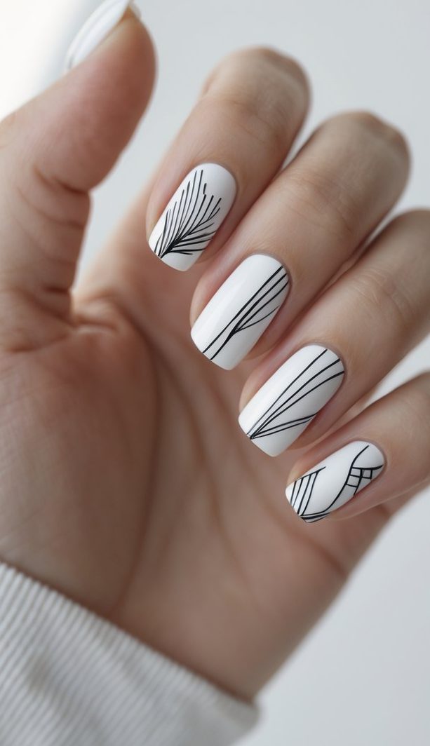 Hand with short white nails featuring fine black geometric lines, showcasing a minimalist short nail art idea with clean contrast and modern detail.