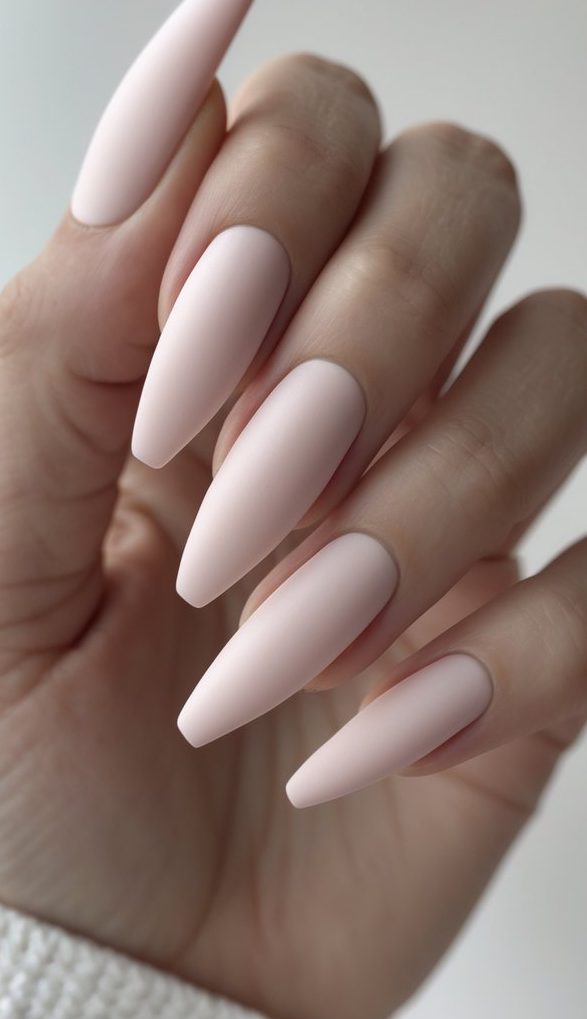 Long matte stiletto nails in a soft blush tone, presenting a delicate and minimalist long nail art idea.