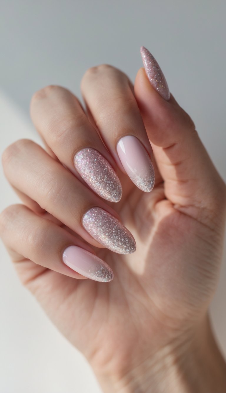 Oval nail art idea shown on a hand with blush pink nails, each coated in fine silver-pink glitter that fades softly toward the base.