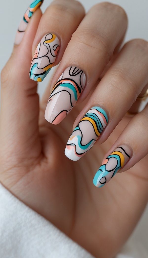 Long nude nails decorated with colorful, chaotic curved linework and sharp black detailing—a bold long nail art idea.