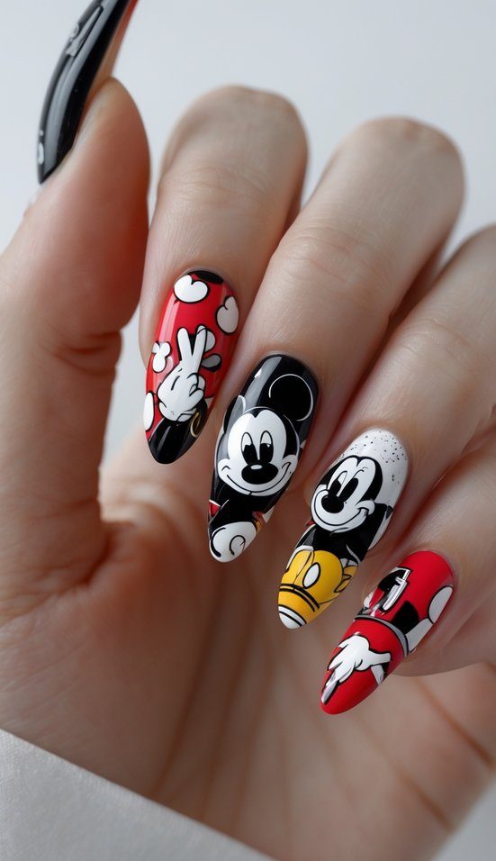 Long cartoon-themed nails with bold illustrations of gloved hands, character faces, and vivid red, yellow, and black accents—a nostalgic long nail art idea.