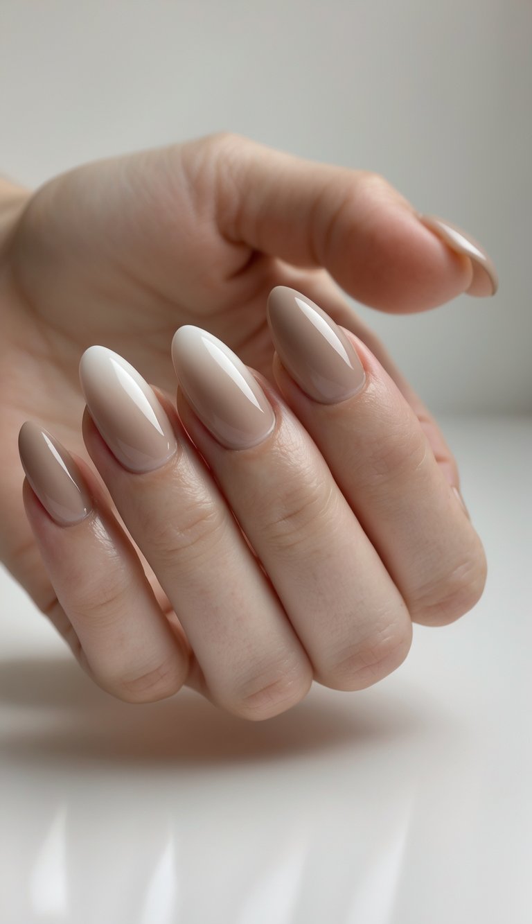 Oval nail art idea on a hand with creamy beige polish and a cool undertone, featuring a glossy finish and natural, softly pointed shape.