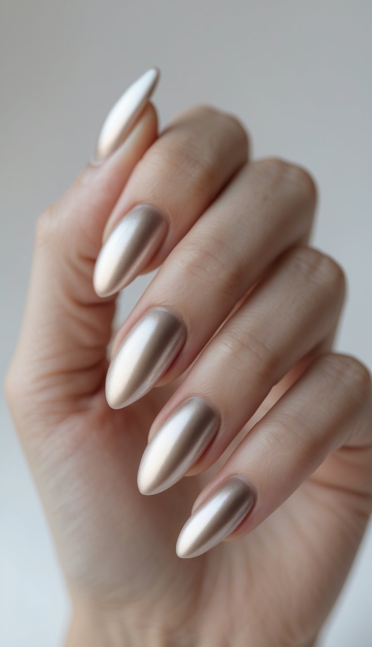Oval nail art idea shown on a hand with soft gold-taupe metallic polish, finished with a silky sheen and rounded almond shape.