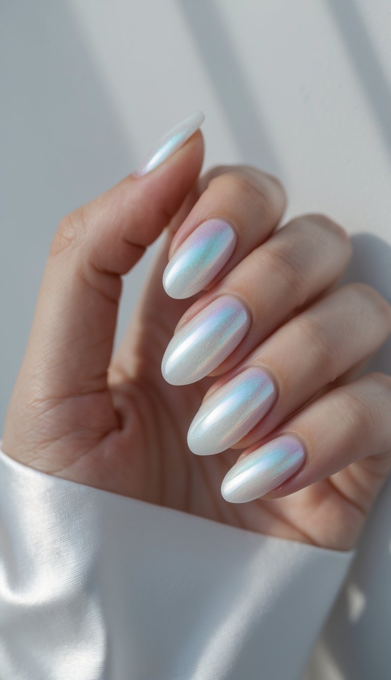 Hand with oval nails in a shimmery white polish that reflects soft pastel tones, creating an elegant and magical oval nail art idea.