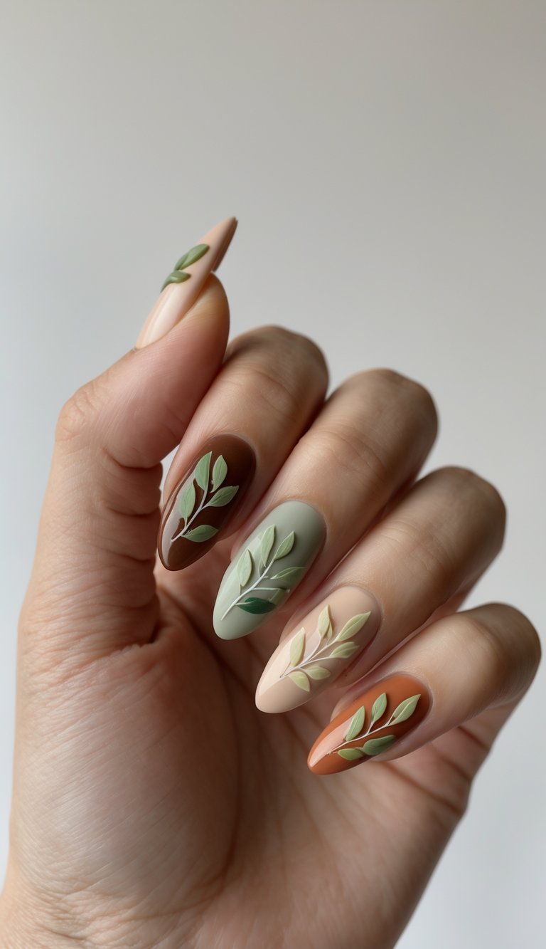 Close-up of a hand with oval nail art idea in matte fall tones, including leaf motifs painted over olive, brown, beige, and terracotta bases.