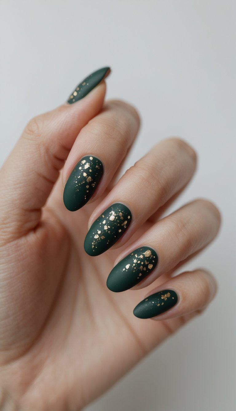 Close-up of a hand showcasing oval nail art idea with matte emerald green nails and randomly placed golden foil pieces for a luxe vibe.