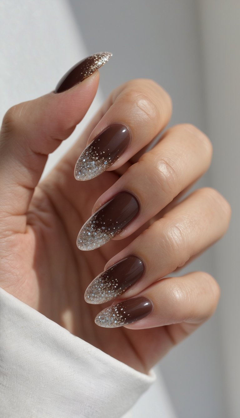 Close-up of hand showing oval nail art idea with shiny mocha brown polish and clear glitter-dipped tips for a soft, festive transition.