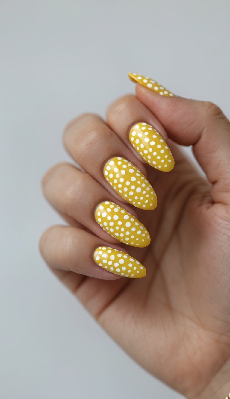 Fingernails painted in oval nail art idea with lemon-yellow base and clean white polka dots, held in a relaxed hand against a soft gray background.