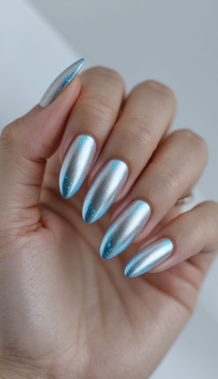 Fingernails painted in an icy chrome blue oval nail art idea, held in a relaxed hand with glossy metallic texture and a cool, reflective shine.