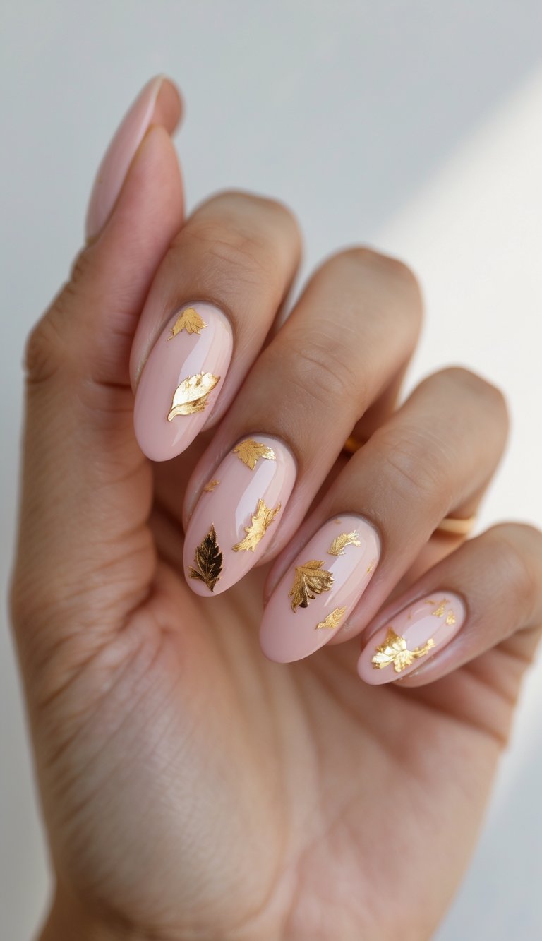 Hand featuring an oval nail art idea with blush-toned polish and shimmering gold foil leaf designs for a soft, elevated seasonal look.