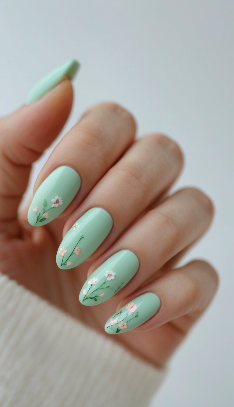 Close-up of pastel mint oval nail art idea, each nail adorned with hand-drawn mini florals in white and peach tones for a soft botanical look.