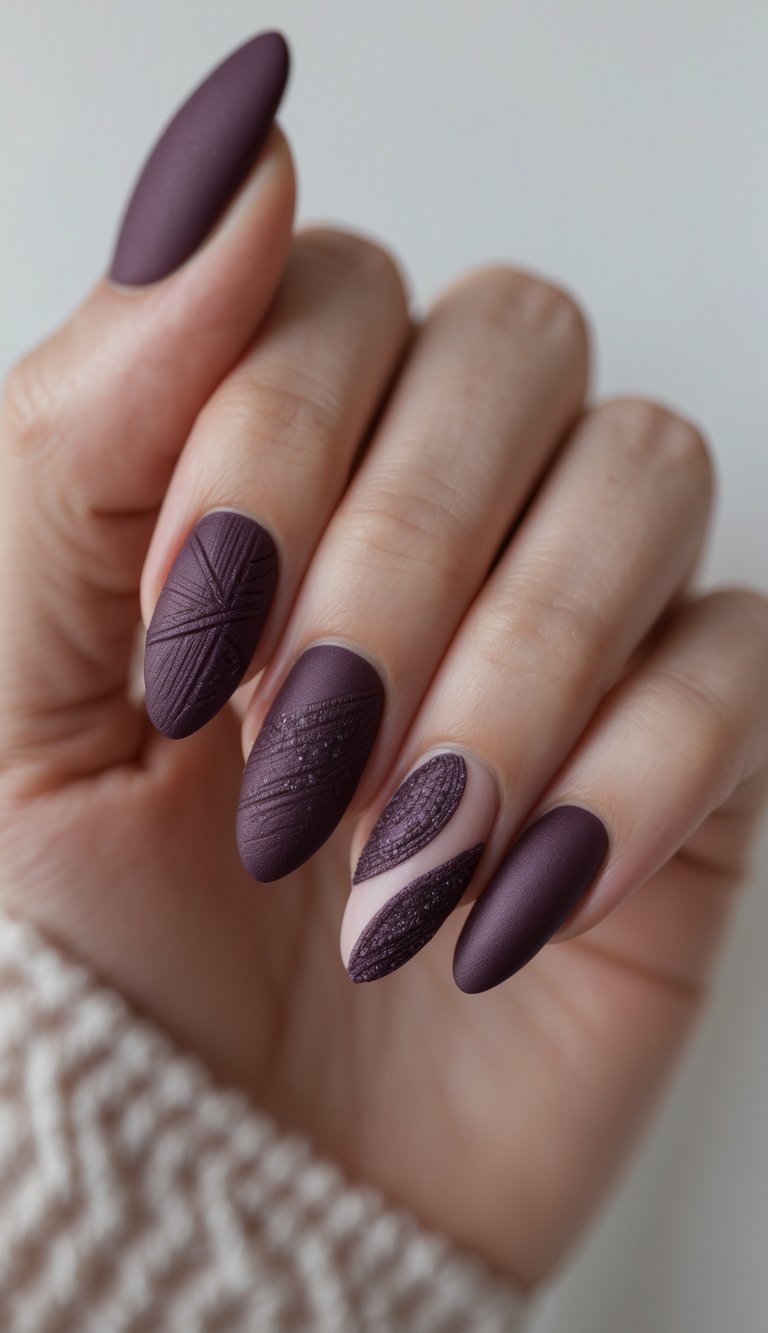 Detailed view of oval nail art idea using matte plum polish with etched geometric textures and nude areas for a sleek, dimensional nail design.