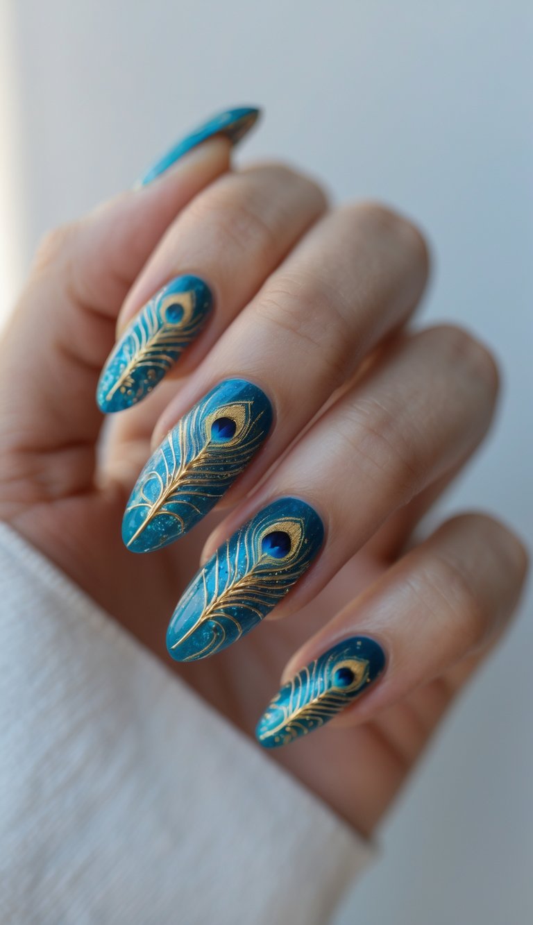 Hand with oval nail art idea, showing gold feather-like designs over a glossy teal base, inspired by peacock feather detailing.