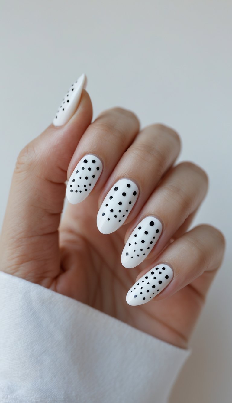 Close-up of a hand showing oval nail art idea with a white polish base and an array of neatly spaced black speckles on each nail.