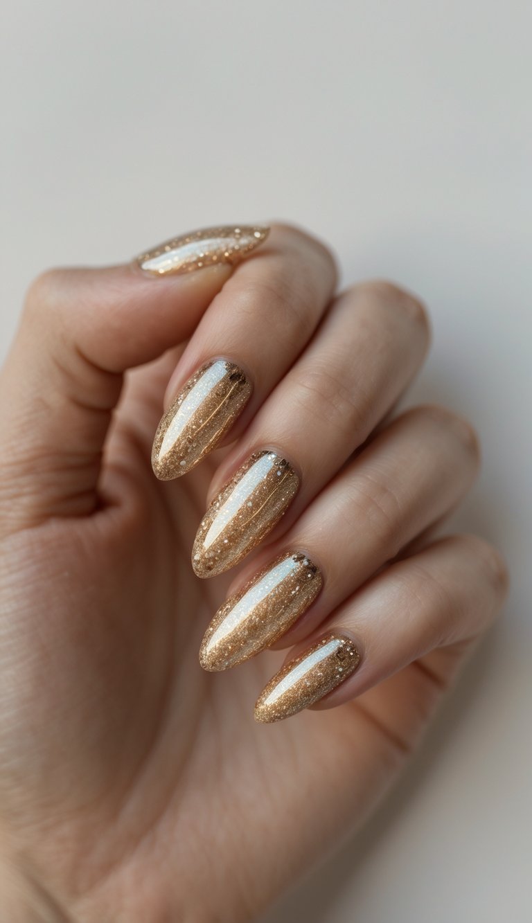 Close-up of oval nails with a glossy golden chrome finish and fine glitter detailing for a dazzling, festive look.