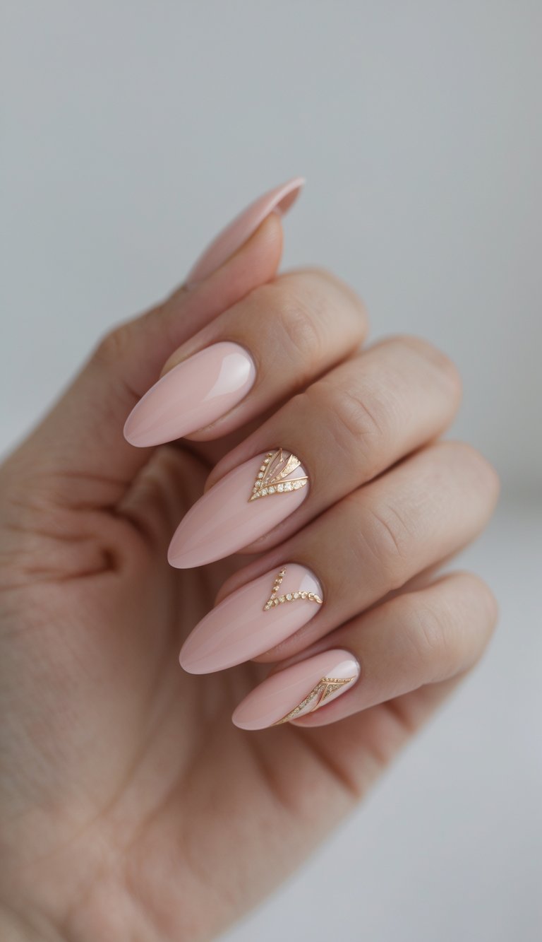 Oval nail art idea with nude pink polish and geometric gold accents near the cuticle for a chic and classy look.