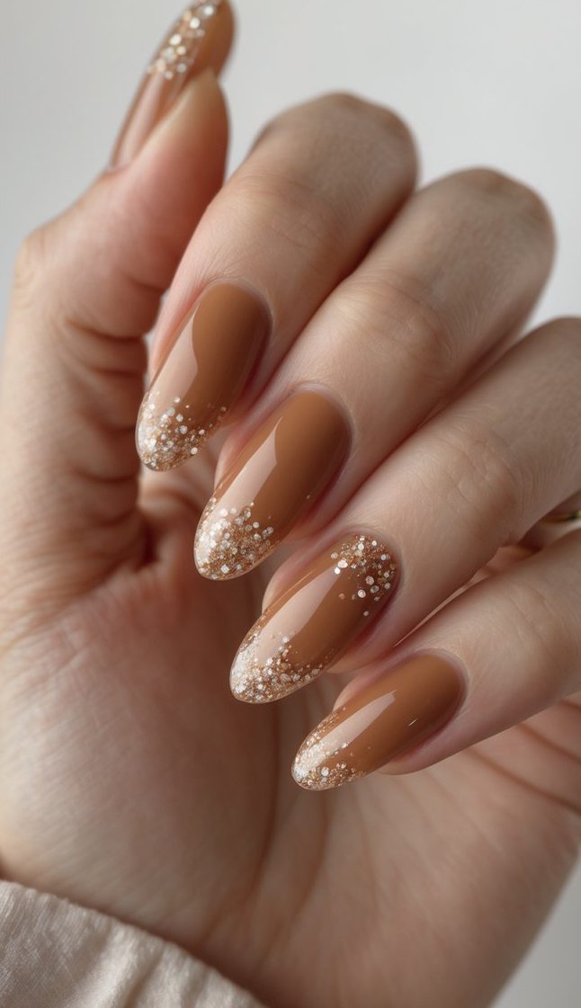 Oval nail art idea with caramel brown polish and white glitter gradient tips.