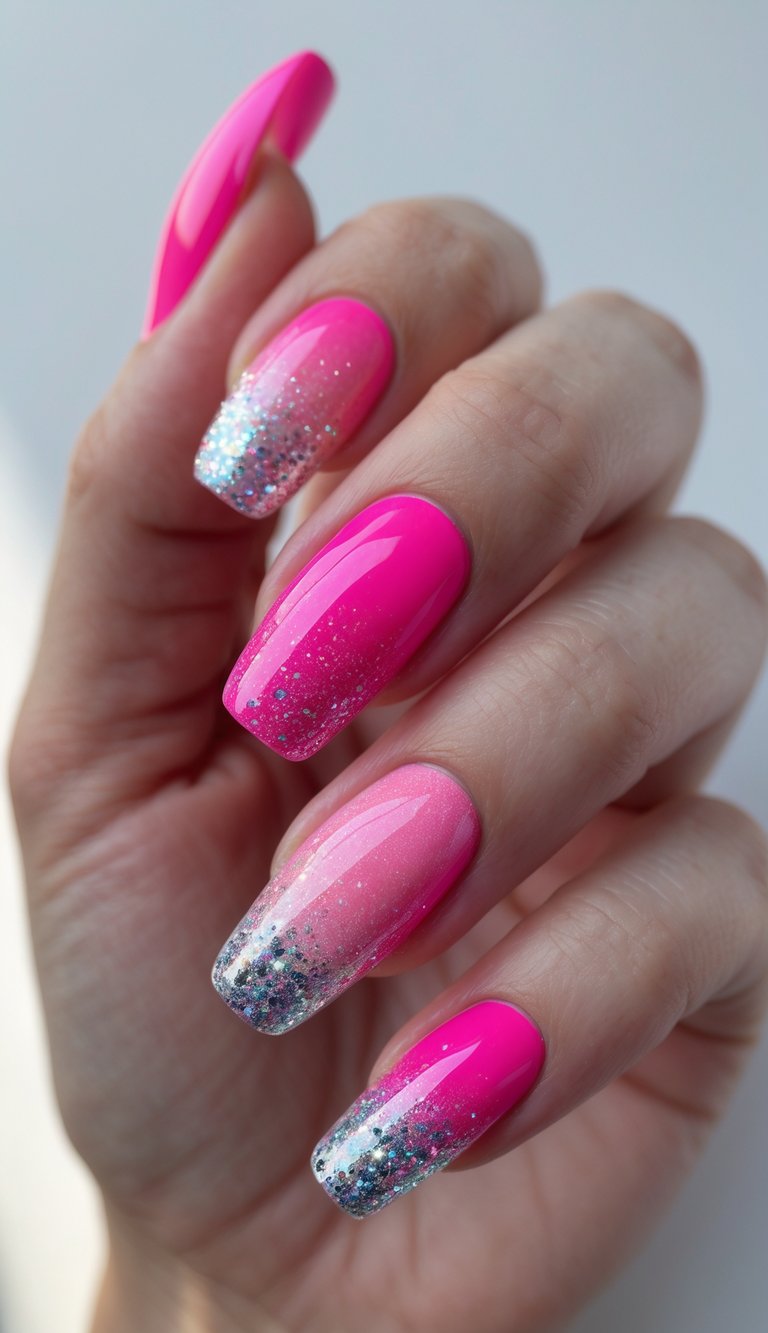 Hand with medium-length oval nails fully polished in vibrant Barbie pink and a smooth, glassy finish, showcasing a feminine Barbiecore Nail Art Idea.