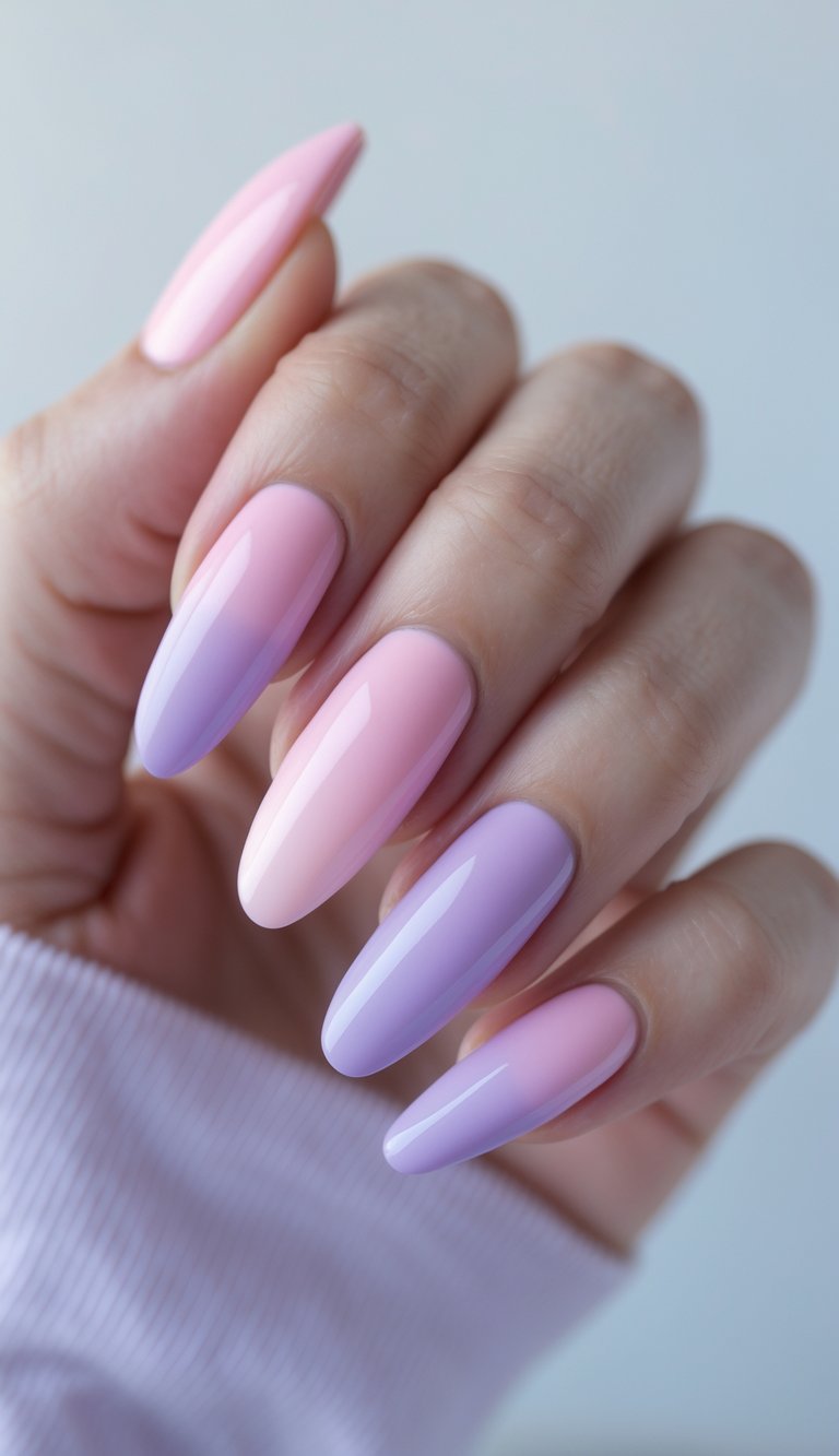 Elegant long oval nails on a hand, painted in a high-gloss gradient from pink to purple, highlighting a youthful Barbiecore Nail Art Idea.
