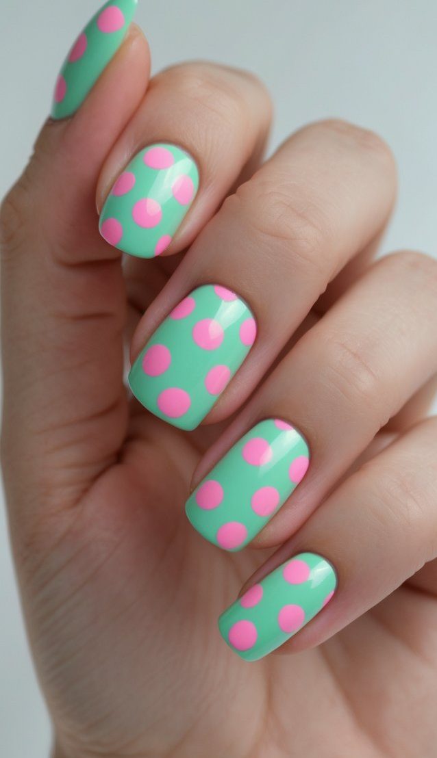 A close-up of a hand with short square nails painted in mint green and decorated with large pink polka dots, showing a fun Barbiecore nail art idea.