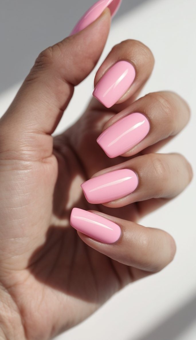 Close-up of a hand showing square nails in soft candy pink polish, presenting a chic Barbiecore nail art idea with high-gloss shine.