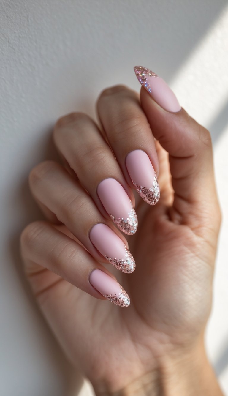 Stylized nails featuring matte pink polish and sharp diagonal glitter accents, highlighting a confident and stylish Barbiecore nail art idea.