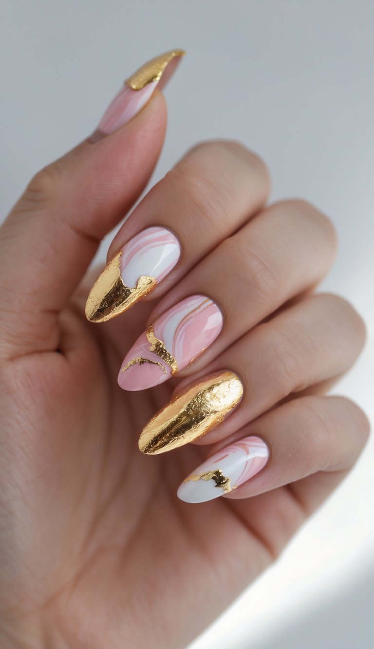 Barbiecore nail art idea on almond-shaped nails, blending soft pink marble with shiny gold foil for a bold and glamorous design.