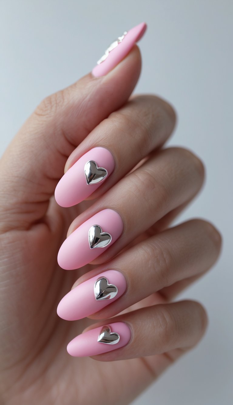 Close-up of a hand showcasing a Barbiecore nail art idea with matte pink almond nails topped with shiny 3D silver heart accents.