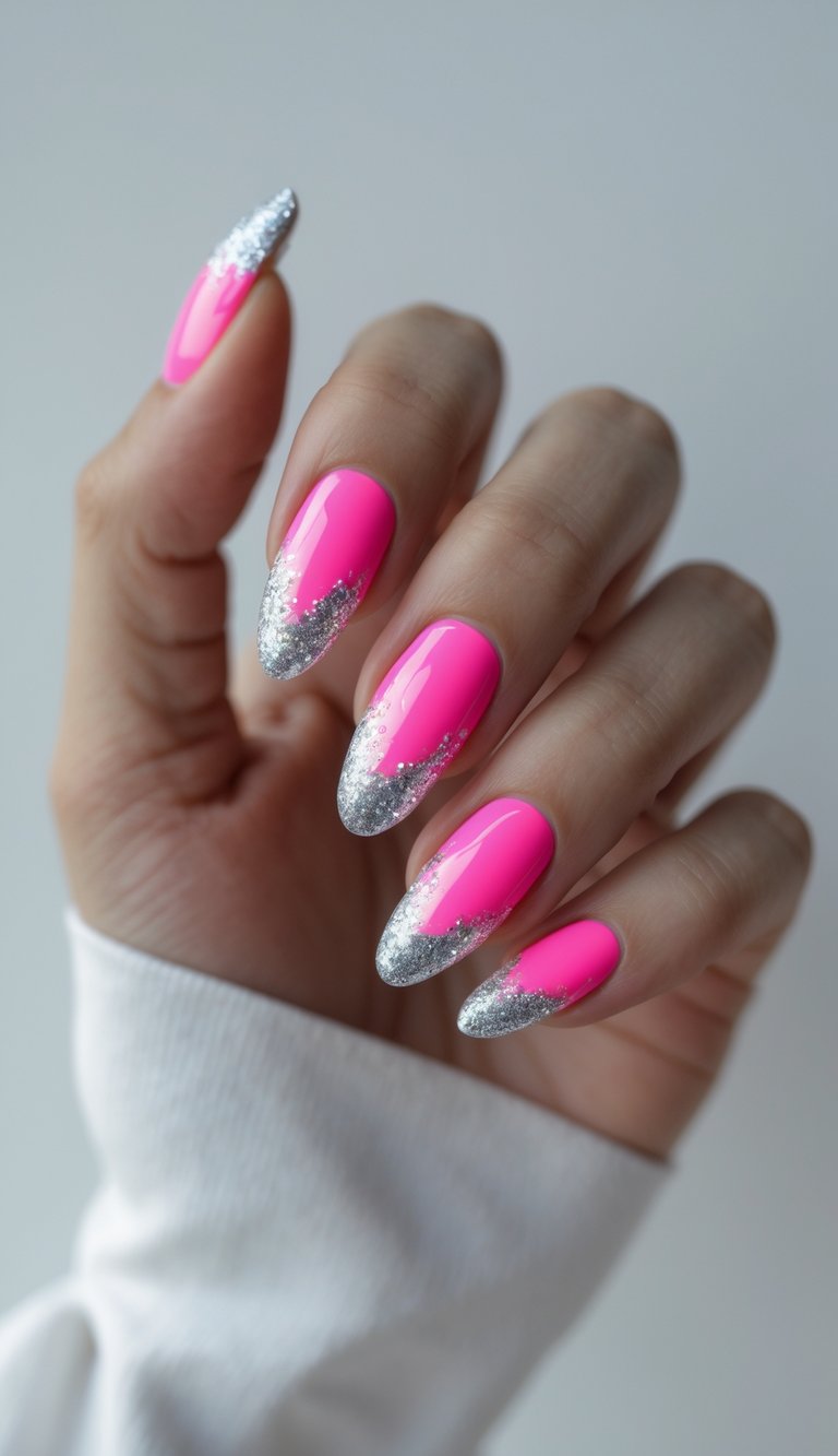 Close-up of a hand with Barbiecore nail art idea featuring glossy hot pink nails topped with dense silver glitter gradient tips.