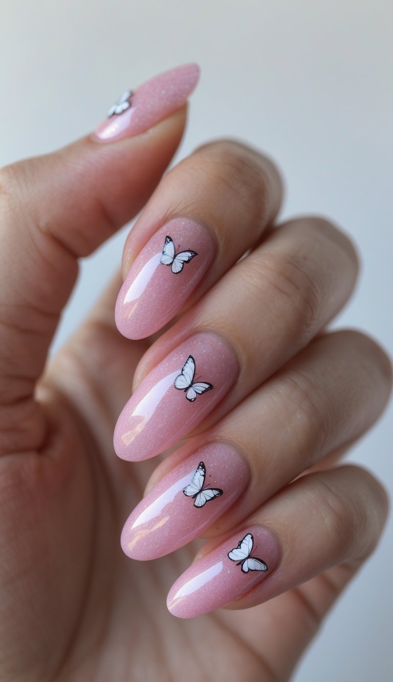 A delicate Barbiecore nail art idea showing pink glittery nails adorned with soft white butterfly decals on an almond-shaped hand.