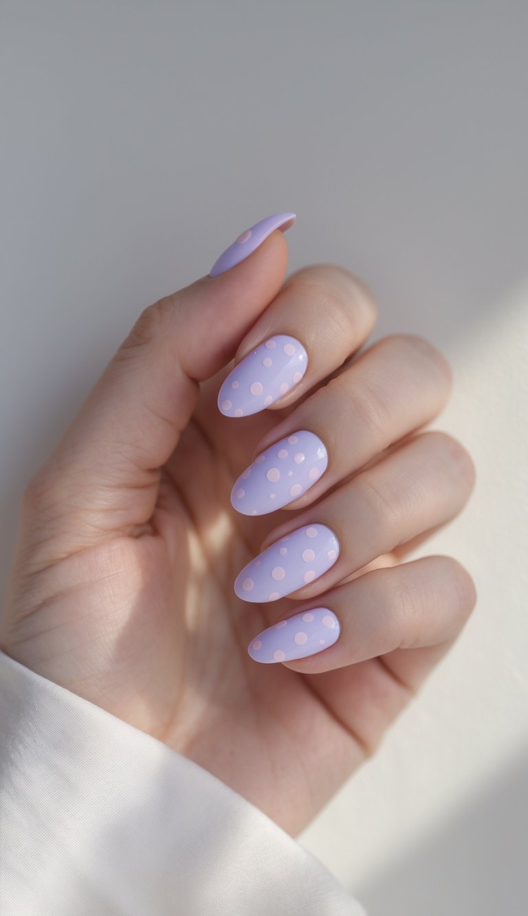 Barbiecore nail art idea shown on a light-skinned hand, featuring soft lilac nails with scattered blush pink polka dots in matte finish.