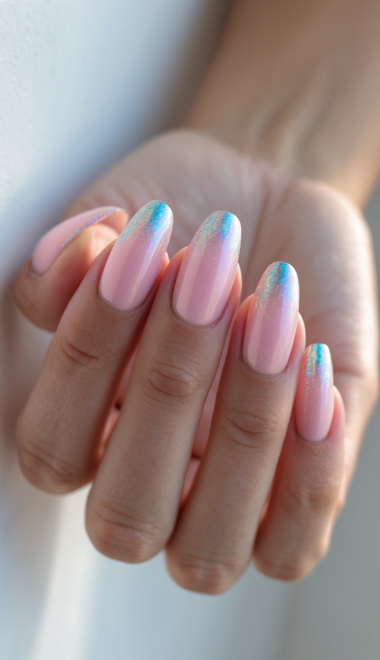 Close-up of Barbiecore nail art idea featuring soft pink nails with translucent blue shimmer accents, styled in a graceful, elongated almond shape.