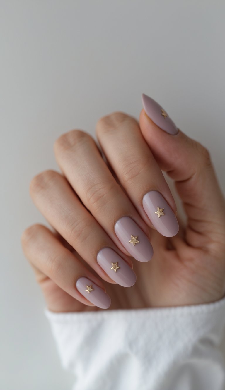 Barbiecore nail art idea featuring soft mauve almond-shaped nails, each adorned with a tiny golden star accent; hand wearing a white sleeve against a pale background.