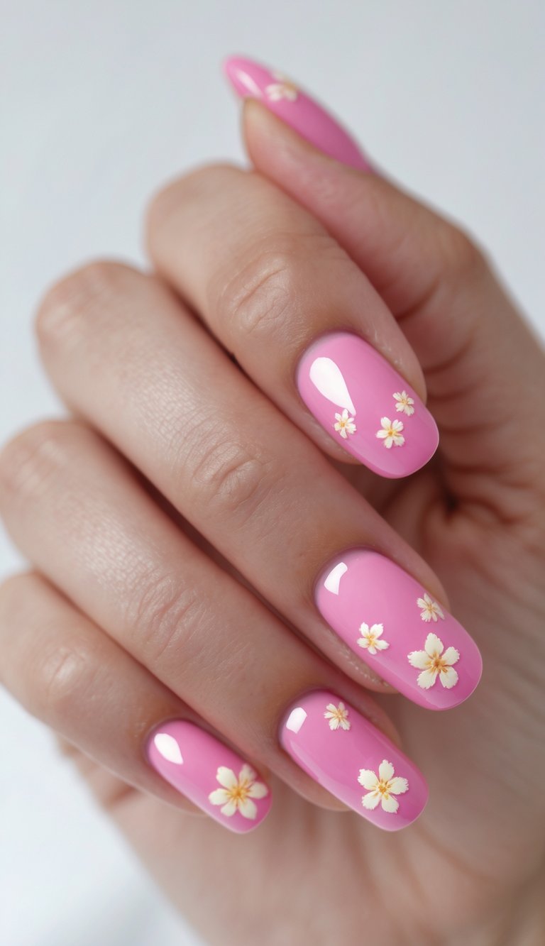 A hand shows Barbiecore nail art idea with bright bubblegum pink nails adorned with tiny soft white flower accents, resembling sweet springtime candy blooms.
