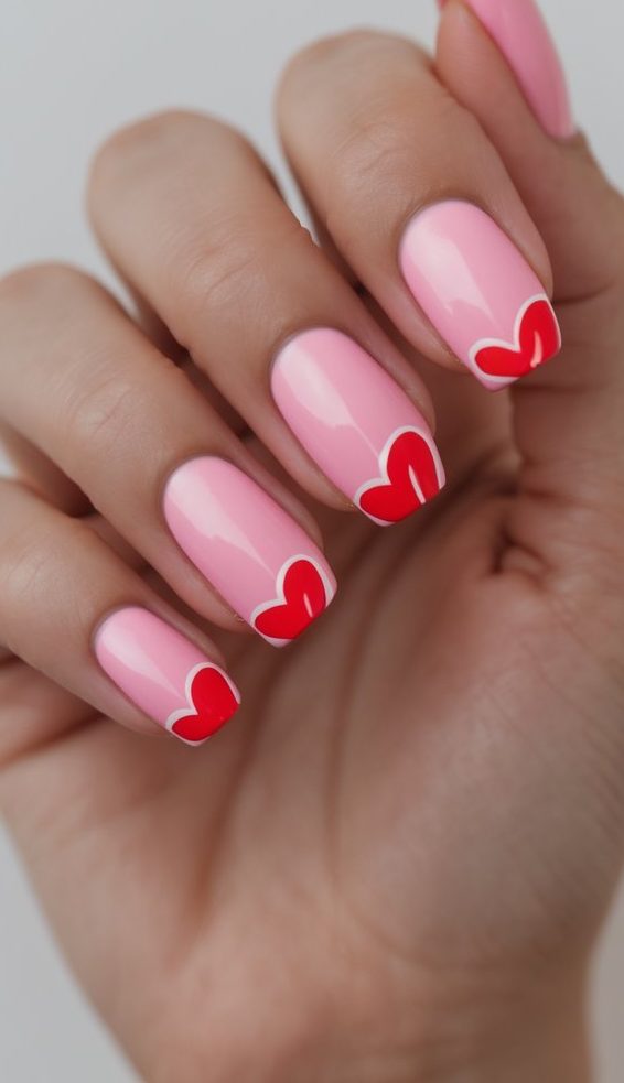 Hand with Barbiecore nail art idea featuring glossy pink nails and bold red heart-shaped French tips outlined in white for a cute, playful finish.