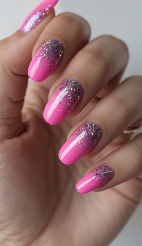 Barbiecore nail art idea featuring glossy hot pink nails fading into dense, multicolored glitter from the base, shown on a neatly posed hand.