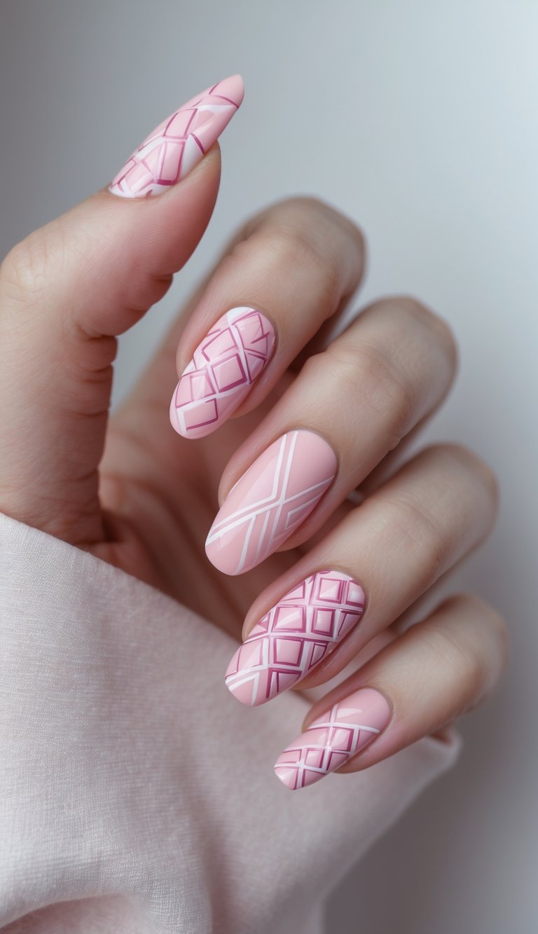 Barbiecore nail art idea featuring a hand with soft pink nails adorned with matte and glossy crisscross and square grid patterns in deep pink and white.