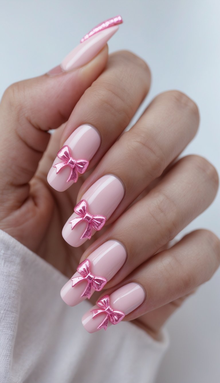 Barbiecore nail art idea showing a hand with glossy baby pink square nails, each adorned with metallic pink 3D bows and one accent glitter tip.