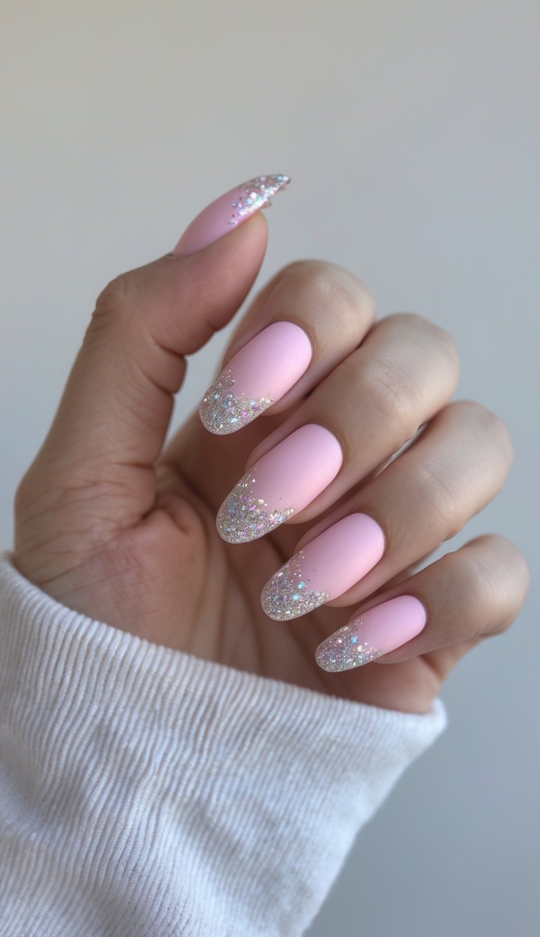 Barbiecore nail art idea showing a hand with matte light pink nails, each topped with iridescent chunky glitter cascading from the tips in a soft fade.