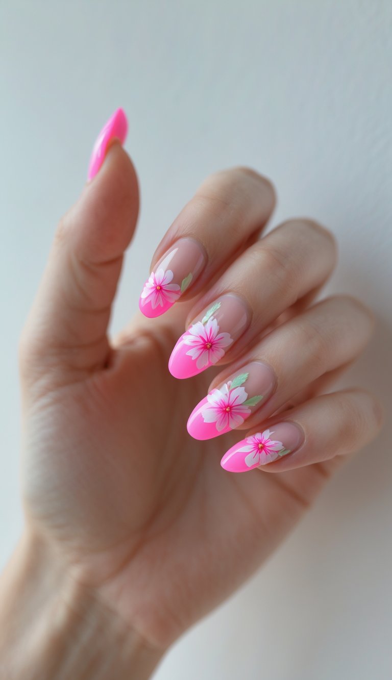 Barbiecore nail art idea showing a hand with almond-shaped nails, detailed with bright pink French tips and painted floral accents in white and pink hues.