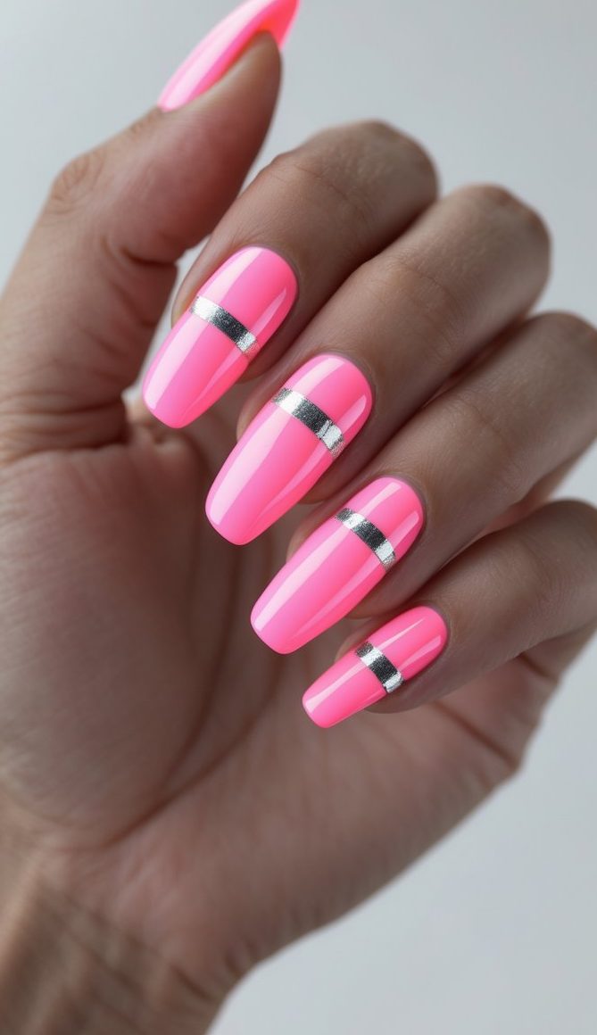Barbiecore nail art idea showing a hand with long almond-shaped nails painted in neon pink, each featuring a thin horizontal silver foil stripe.
