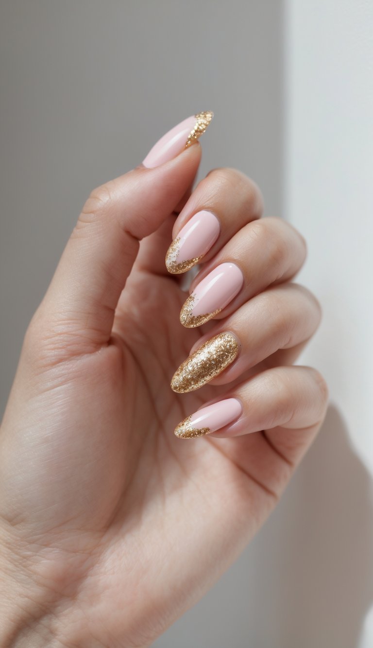 Barbiecore nail art idea showing a hand with almond-shaped nails in soft pink polish and dense gold glitter fading from the tips.