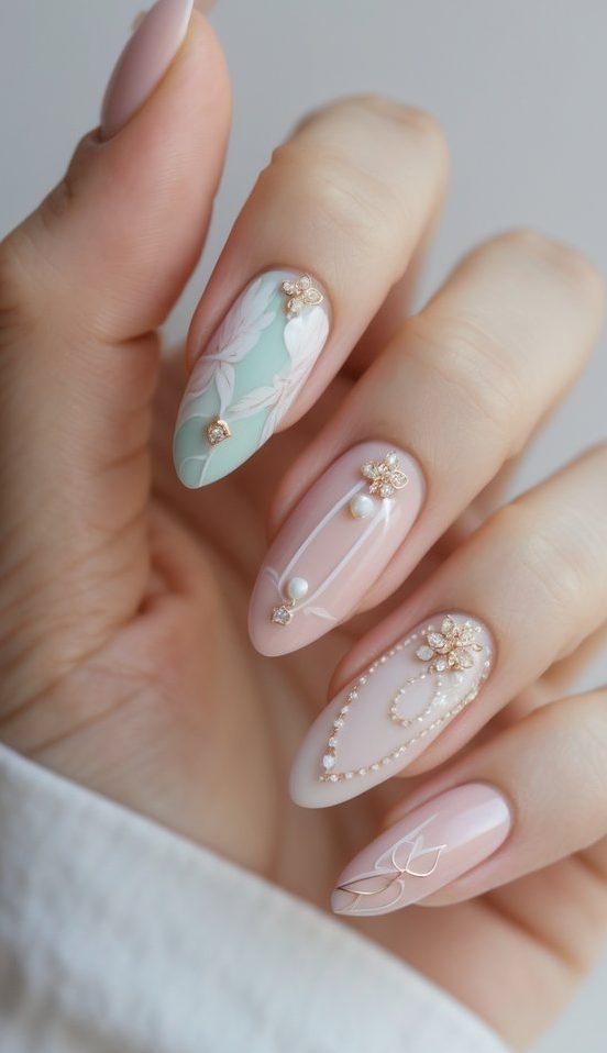 Hand showcasing coquette nail art idea with blush and mint nails decorated in floral outlines, pearl beads, and gold flower embellishments.
