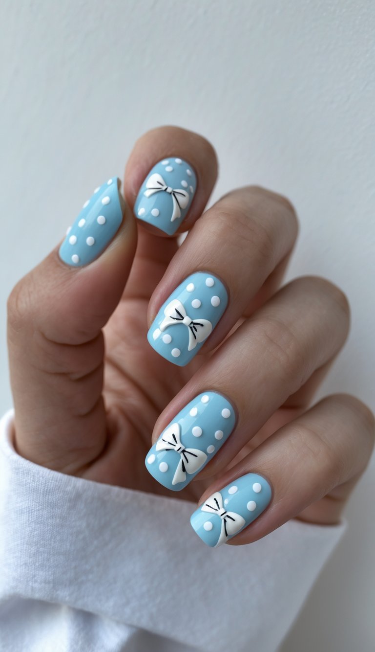 A close-up of a hand with soft baby blue nails, featuring delicate white bows and polka dots, showcasing a coquette nail art idea with a retro vibe