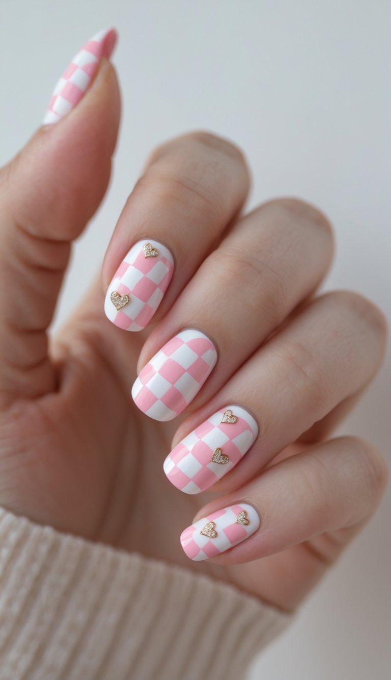 Coquette nail art idea with short nails painted in pink and white checkers, decorated with soft gold heart charms for a minimalist touch.