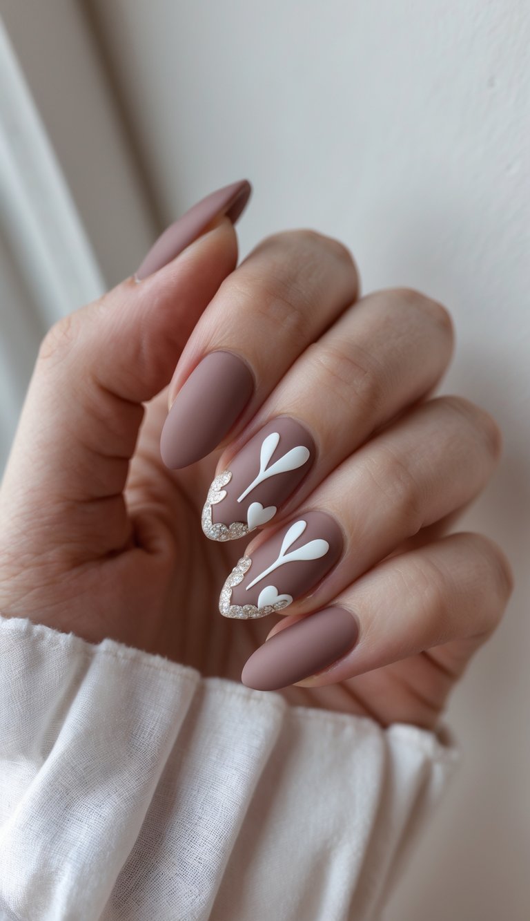 Almond-shaped nails with coquette nail art idea featuring a matte earth-toned base, white heart accents, and glittering curve embellishments on two nails.